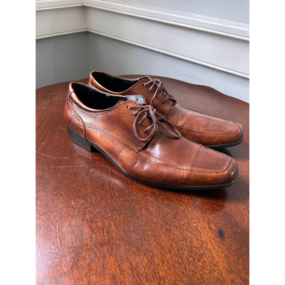 Kenneth Cole Reaction Mens Fine Line Cognac Brown Leather Square Toe Oxfords 13M